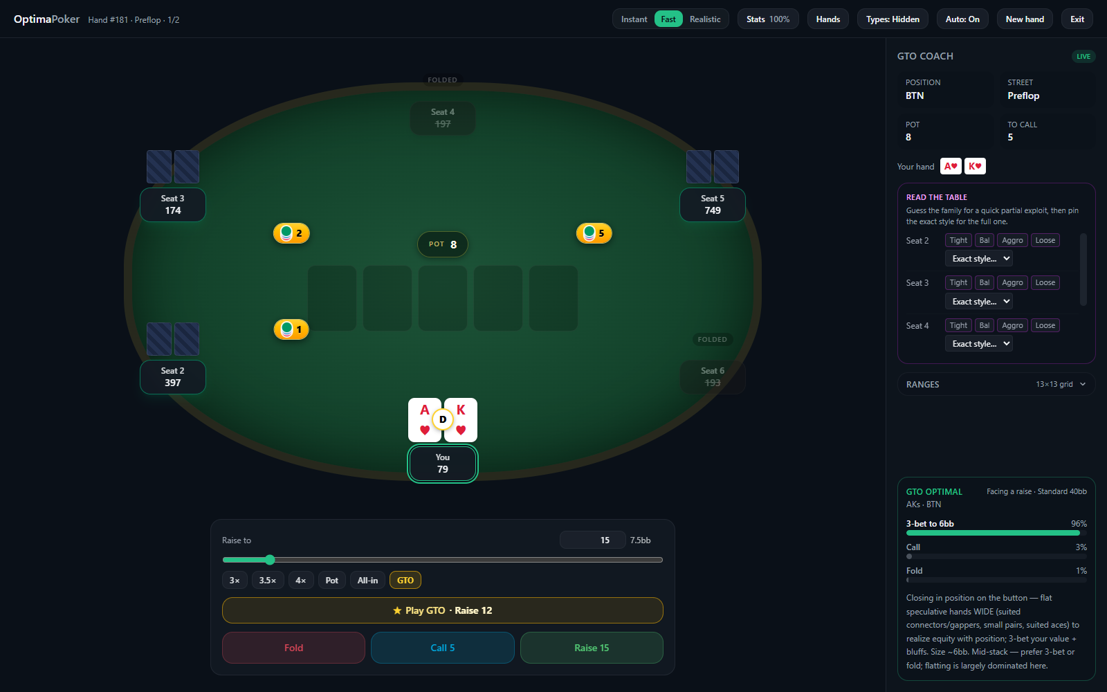 OptimaPoker: a live 6-handed table with the GTO coach panel showing position, pot odds, table reads, and the exact optimal action